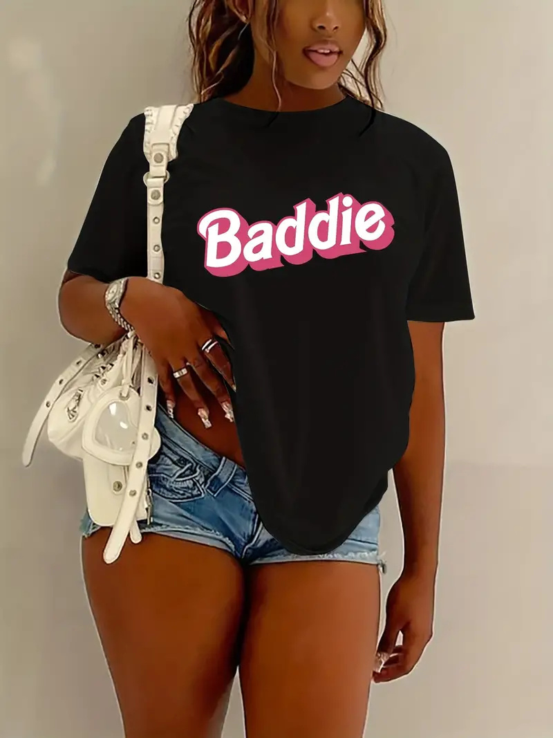 Summer Clothing Drop - Baddie Print Crew Neck T-shirt, Casual