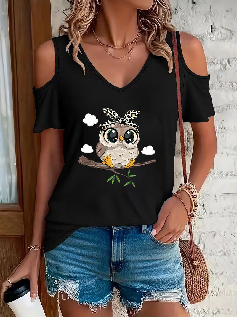 Trendy Cartoon Owl Print Off-S - đánh giá và giá Summer Clothing Drop